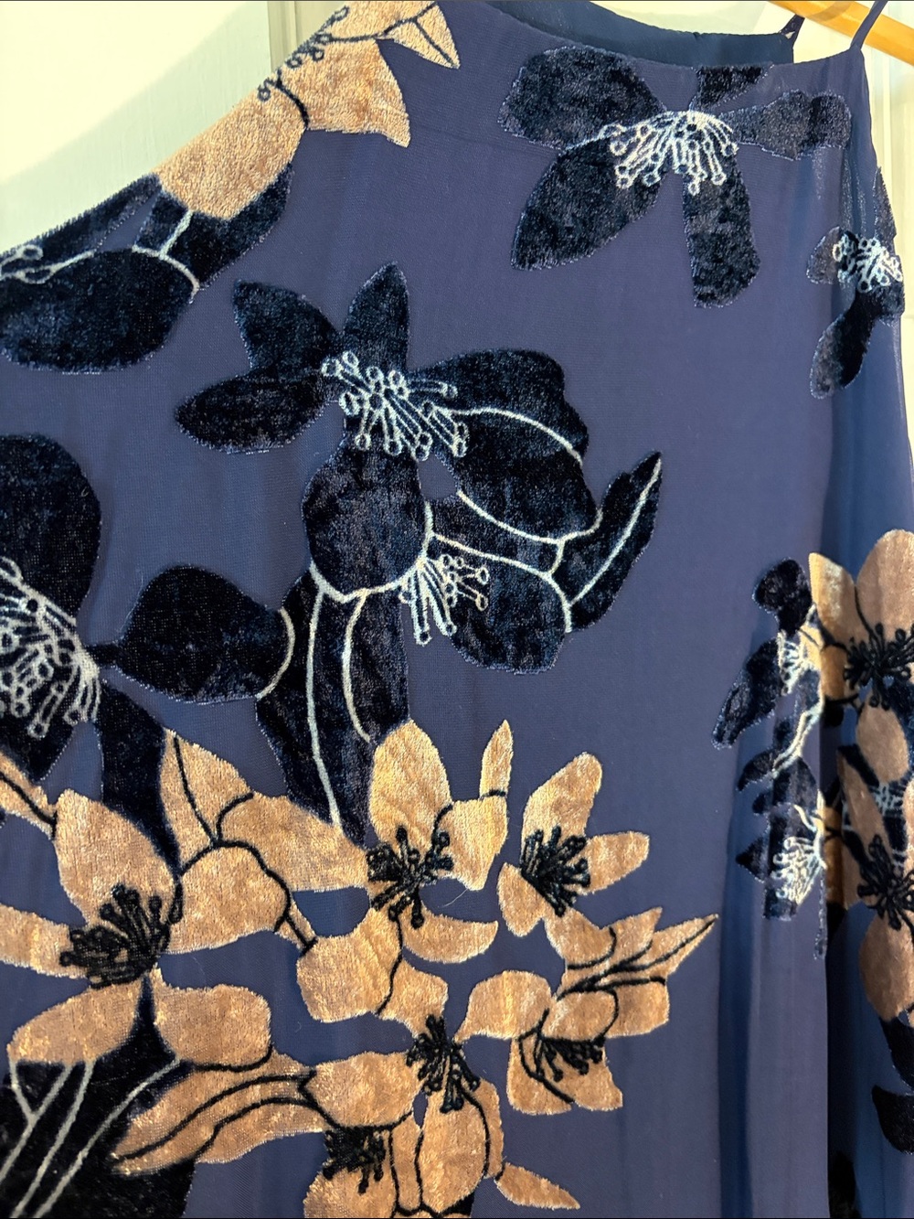 Lulu's Navy Maxi Dress with Bronze Floral Print w/ Sheer bottom - Picture 5 of 6